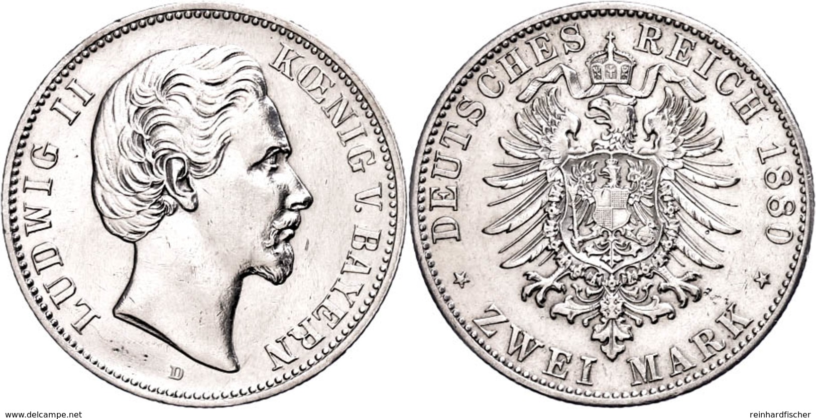 2 Mark, 1880, Ludwig II., Feld Auf Avers Bei 7 Uhr Leicht Bearbeitet, Wz. Rf., Ss-vz., Katalog: J. 41 Ss-vz - Other & Unclassified