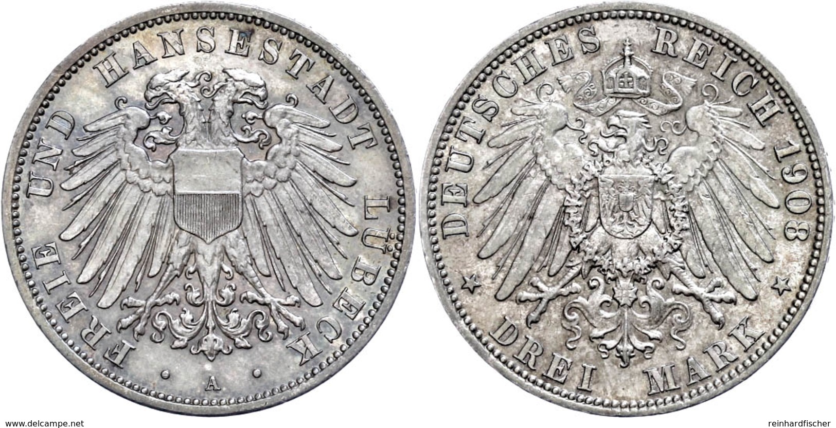 3 Mark, 1908, Kl. Rf., Vz., Katalog: J. 82 Vz - Lubeck