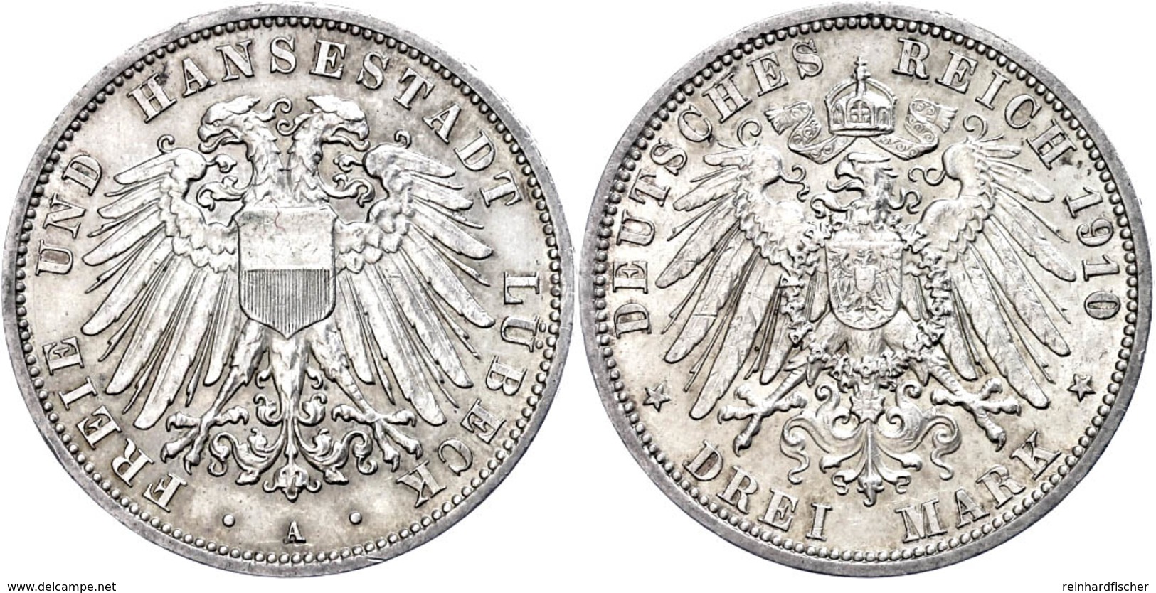 3 Mark, 1910, Wz. Rf., Vz., Katalog: J. 82 Vz - Luebeck