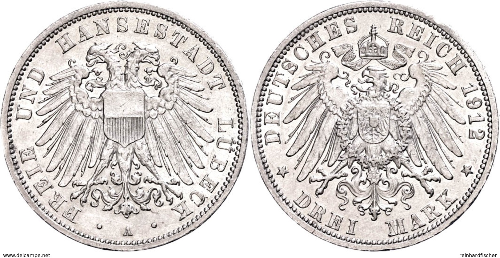 3 Mark, 1912, Kl. Rf., Vz., Katalog: J. 82 Vz - Lubeck