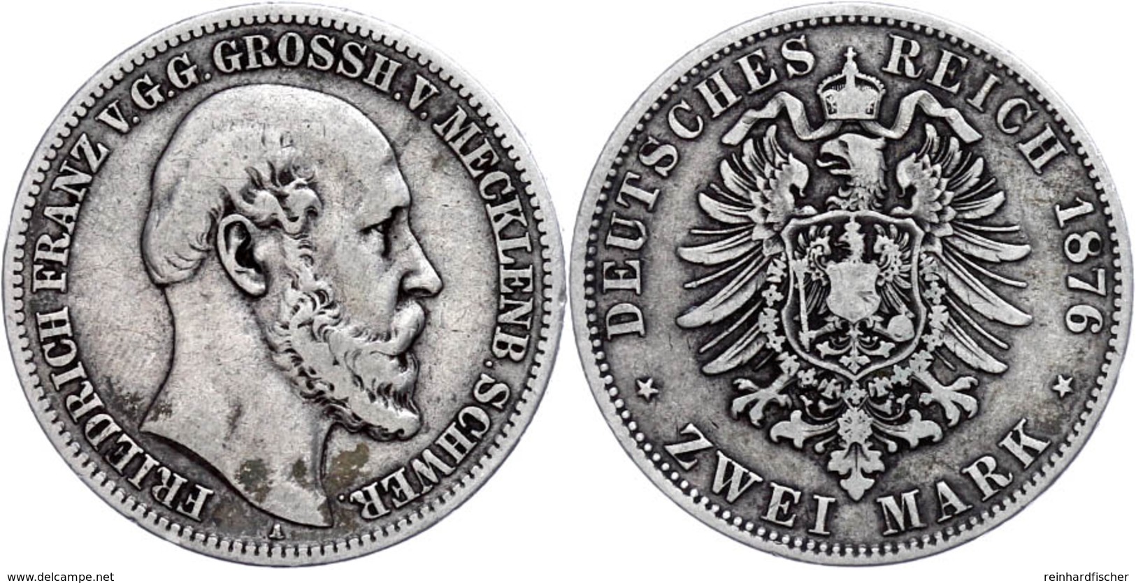 2 Mark, 1876, Friedrich Franz II., Kl. Rf., S., Katalog: J. 84 S - Mecklenburg-Schwerin