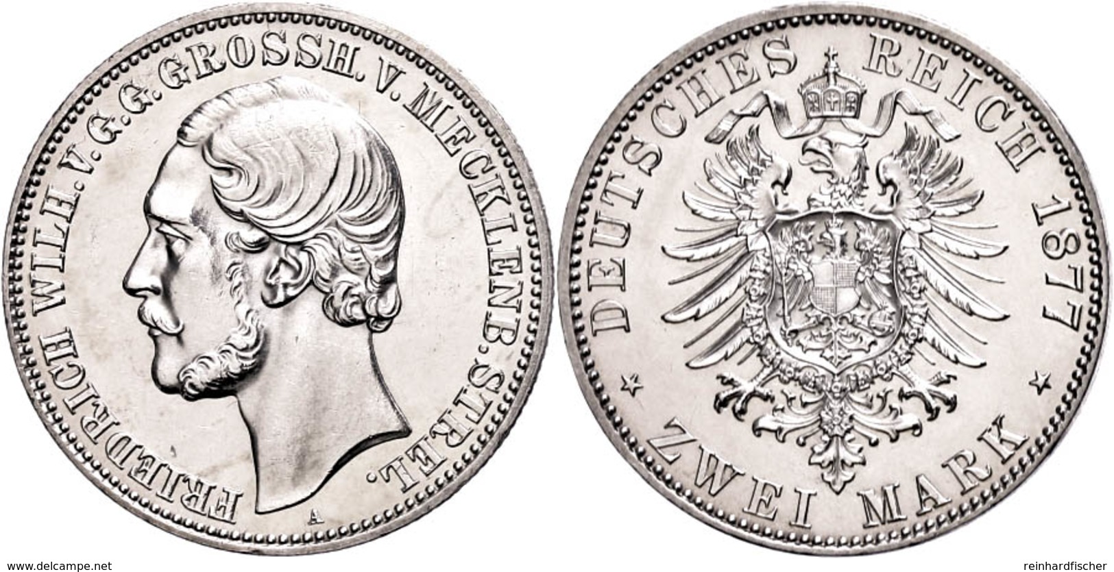 2 Mark, 1877, Friedrich Wilhelm, Leicht Berieben, Vz-st., Katalog: J. 90 Vz-st - Mecklenburg-Strelitz