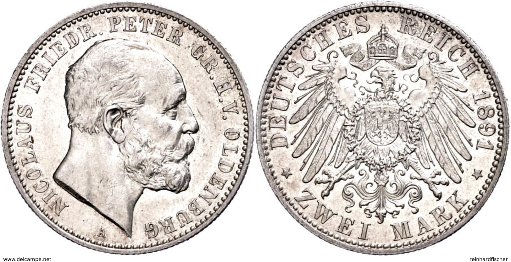 2 Mark, 1891, Nicolaus Friedrich Peter, Avers Ss-vz, Revers Vz., Katalog: J. 93 - Other & Unclassified