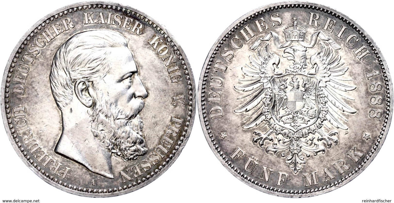 5 Mark, 1888, Friedrich III., Kl. Rf., Berieben/Kratzer, Vz., Katalog: J. 99 Vz - Altri & Non Classificati