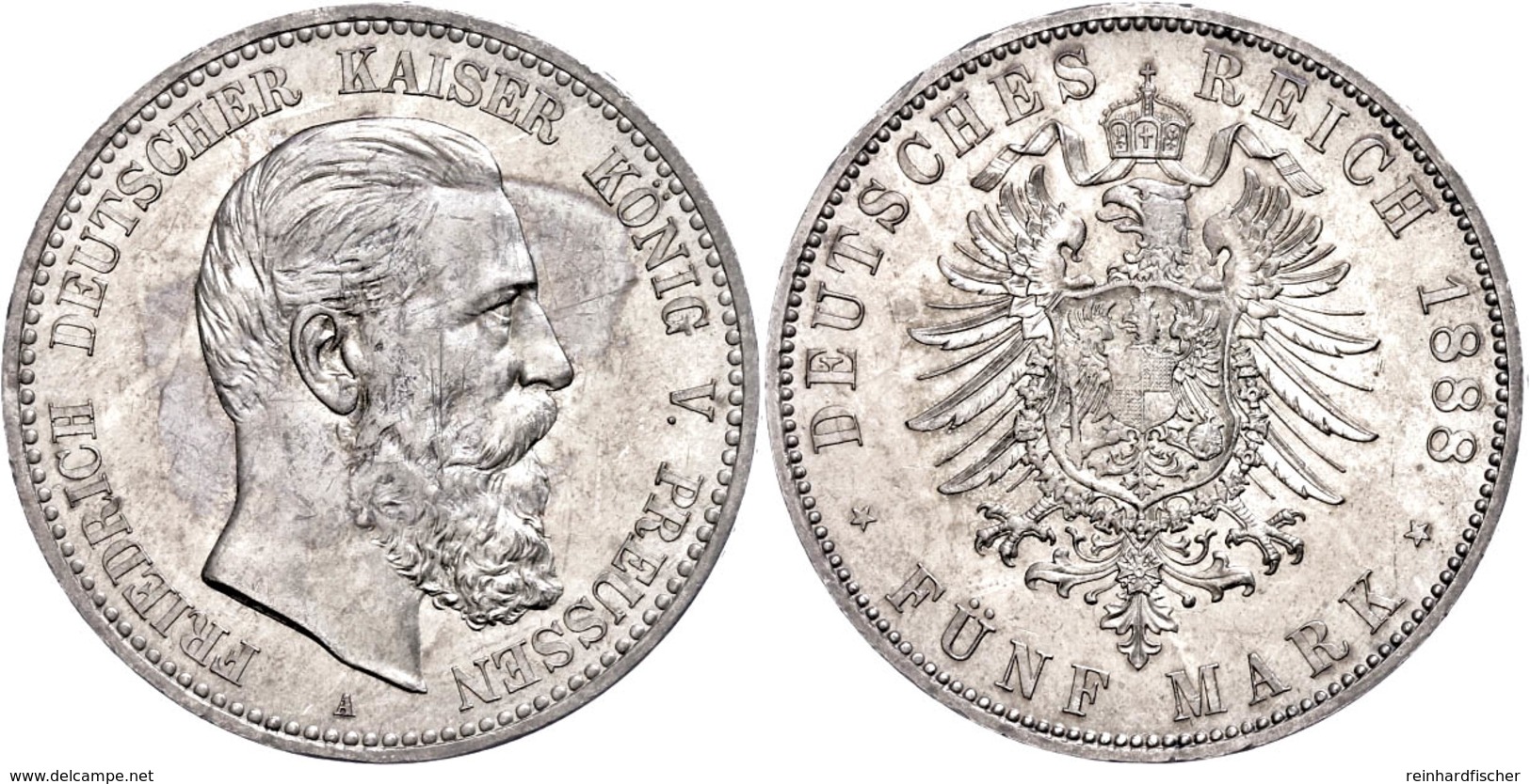 5 Mark, 1888, Friedrich III., Kl. Rf., Vz., Katalog: J. 99 Vz - Altri & Non Classificati