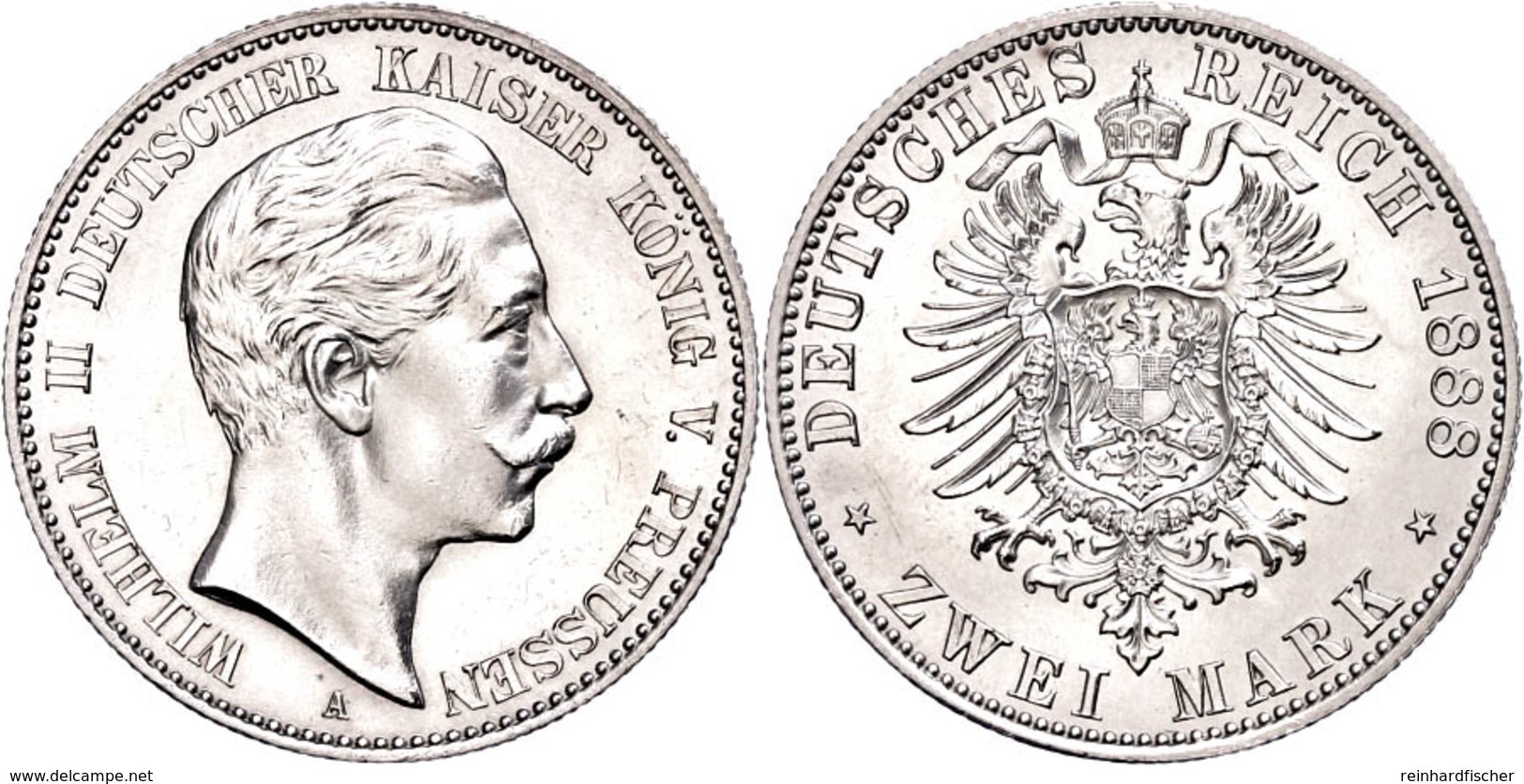 2 Mark, 1888, Wilhelm II., Wz. Rf., Avers Vz, Revers Vz-st., Katalog: J. 100 - Altri & Non Classificati