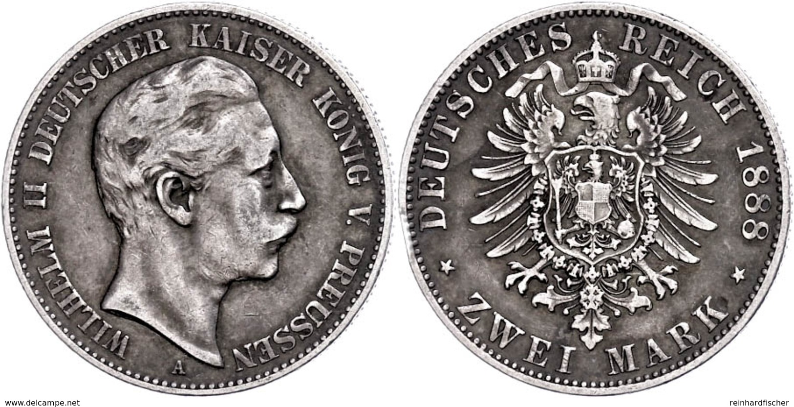 2 Mark, 1888, Wilhelm II., Wz. Rf., Ss., Katalog: J. 100 Ss - Other & Unclassified