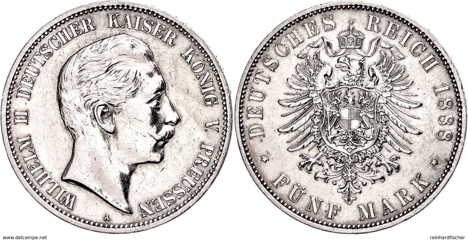 5 Mark, 1888, Wilhelm II., Kl. Rf., F. Vz., Katalog: J. 101 - Other & Unclassified
