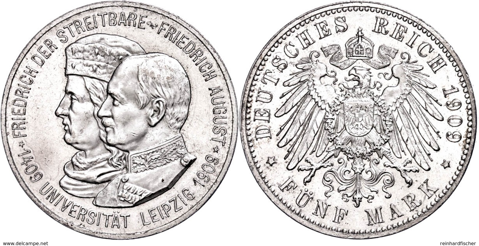 5 Mark, 1909, Friedrich August, 500 Jahre Universität Leipzig, Kl. Rf., Vz., Katalog: J. 139 Vz - Other & Unclassified