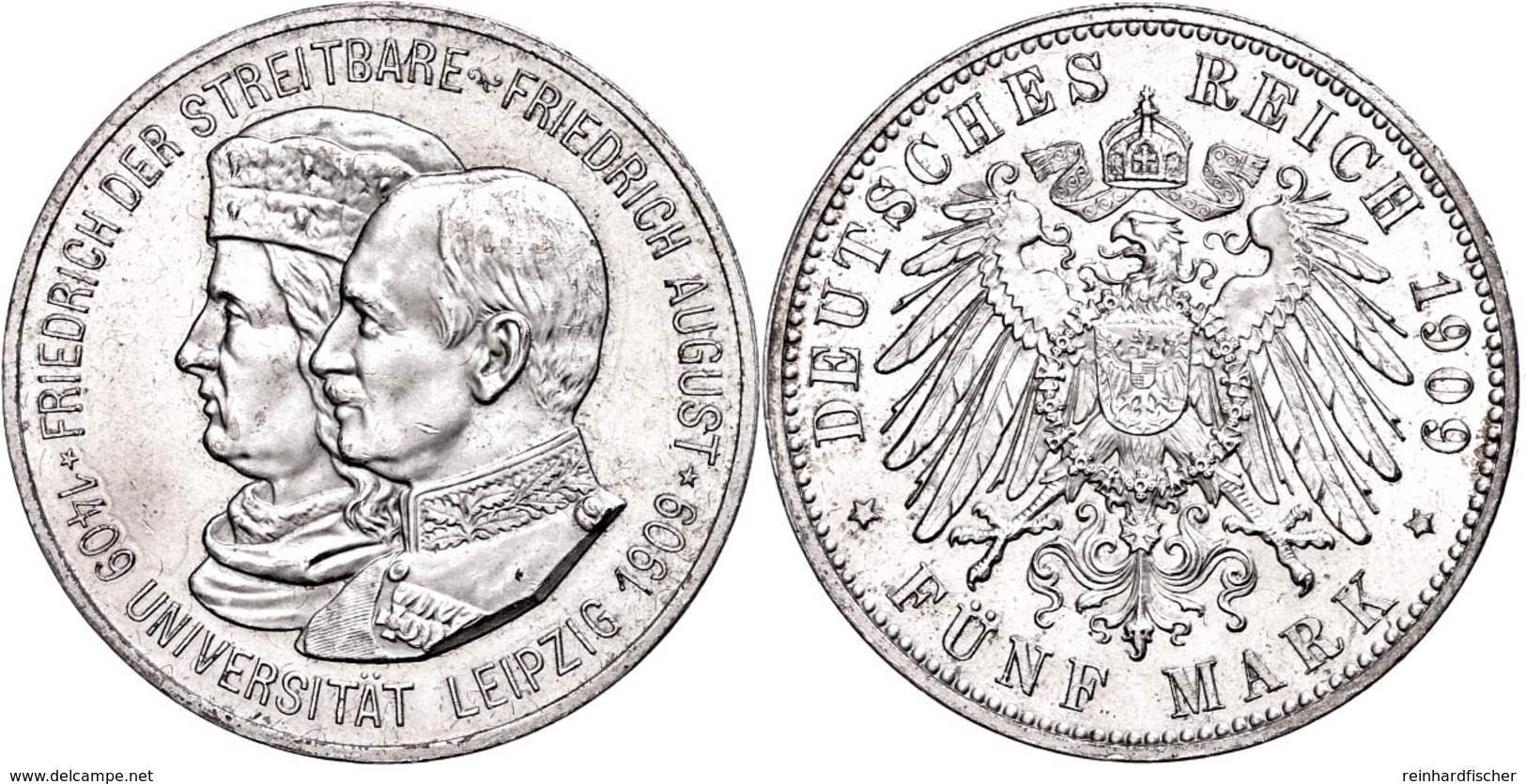 5 Mark, 1909, Friedrich August, 500 Jahre Universität Leipzig, Kl. Rf., Vz., Katalog: J. 139 Vz - Altri & Non Classificati