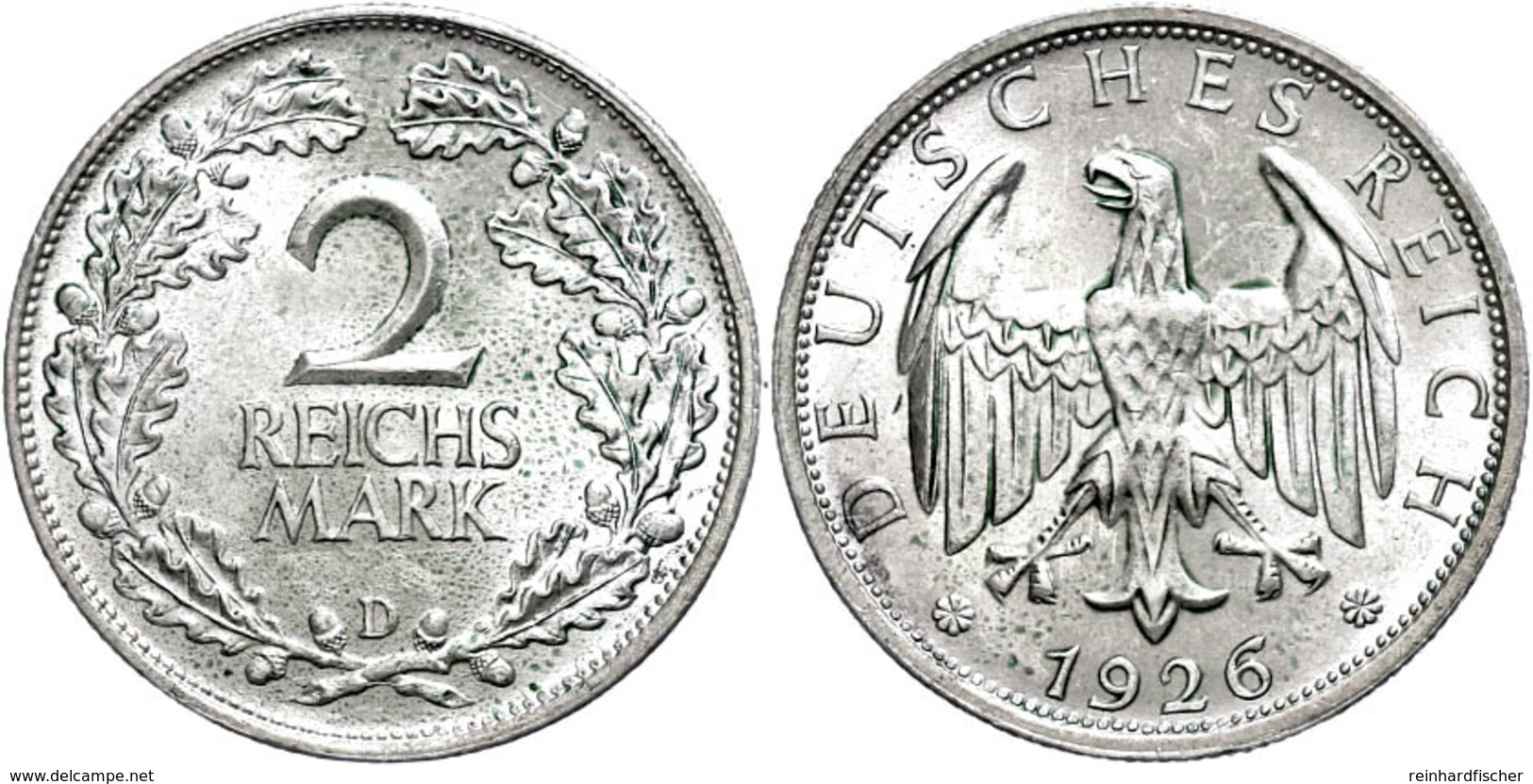 2 Reichsmark, 1926, D, Etwas Grünspan, F. St., Katalog: J. 320 - Altri & Non Classificati