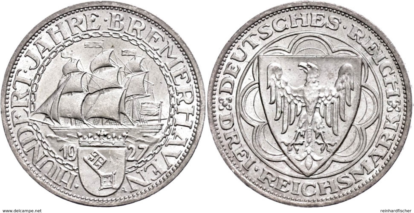 3 Reichsmark, 1927, Bremerhaven, Vz-st., Katalog: J. 325 Vz-st - Other & Unclassified