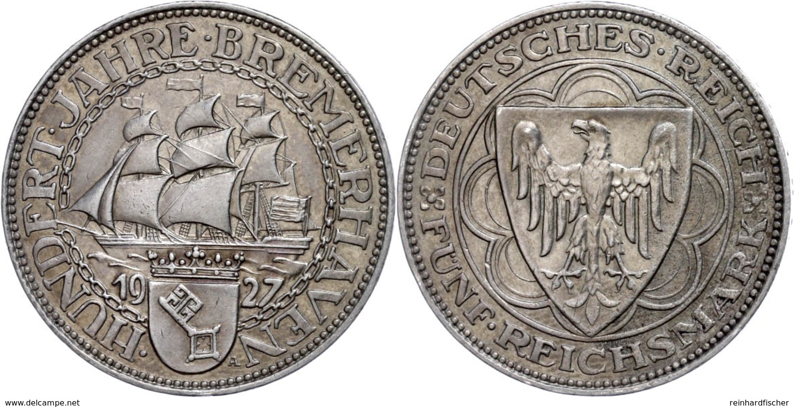 5 Reichsmark, 1927, Bremerhaven, Hitzespuren, Ss., Katalog: J. 326 Ss - Other & Unclassified
