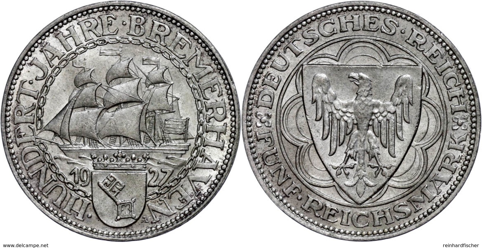 5 Reichsmark, 1927, Bremerhaven, Vz., Katalog: J. 326 Vz - Altri & Non Classificati