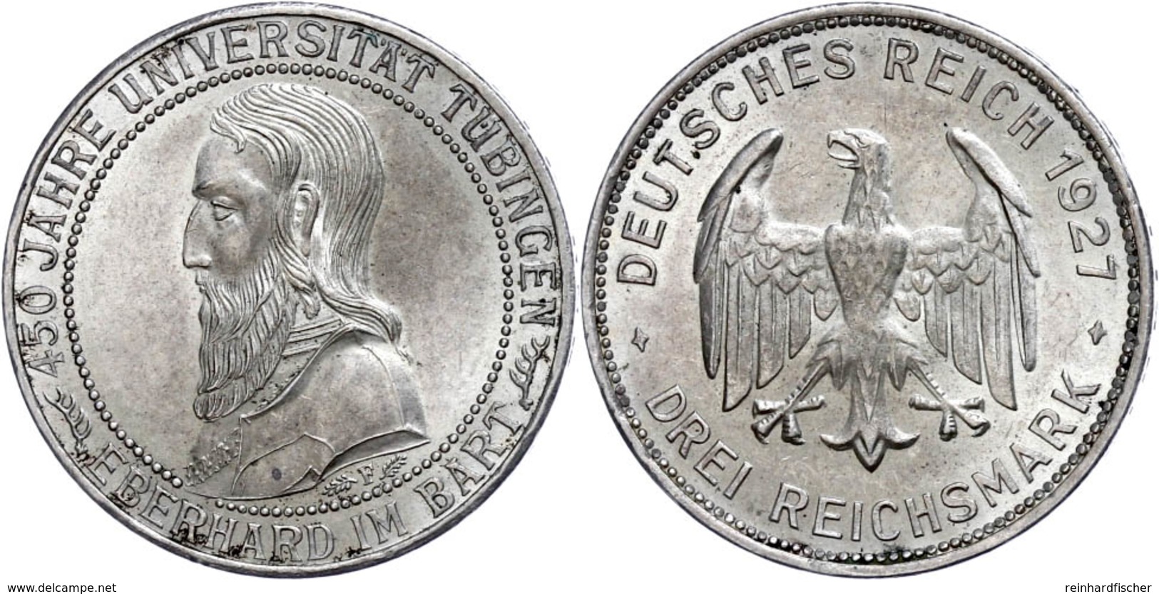 3 Reichsmark, 1927, Universität Tübingen, Minimale Randfehler, Vz., Katalog: J. 328 Vz - Other & Unclassified