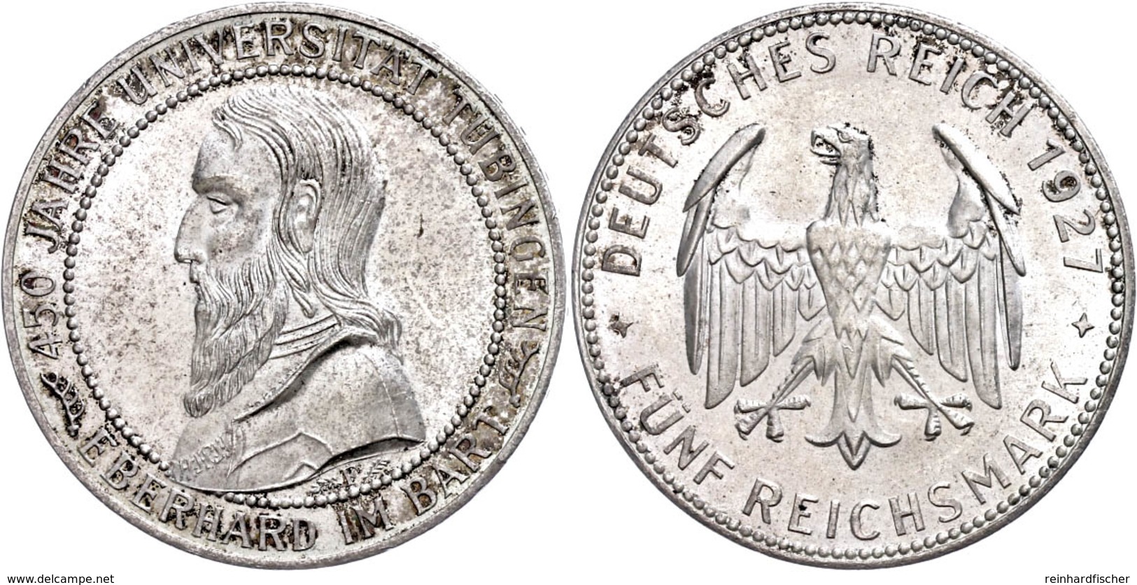 5 Reichsmark, 1927, Universität Tübingen, Wz. Rf., Avers F. St, Revers St., Katalog: J. 329 - Altri & Non Classificati