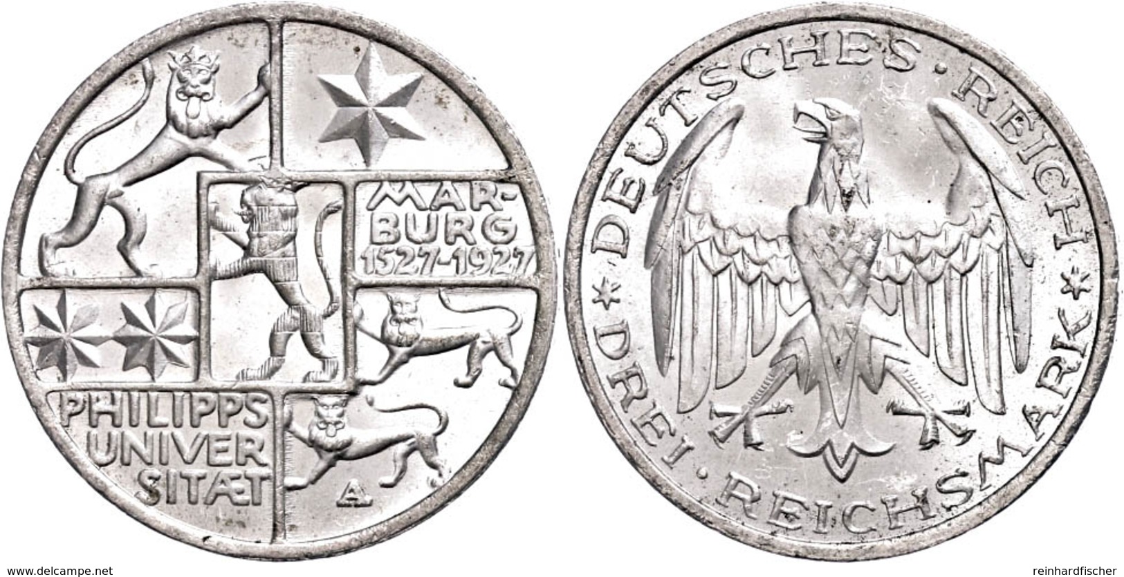 3 Reichsmark, 1927, Marburg, Wz. Kr. Und Rf., F. St., Katalog: J. 330 - Altri & Non Classificati