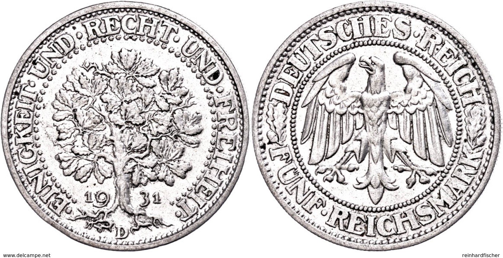 5 Reichsmark, 1931, D, Eichbaum, Kl. Rf., Ss., Katalog: J. 331 Ss - Other & Unclassified