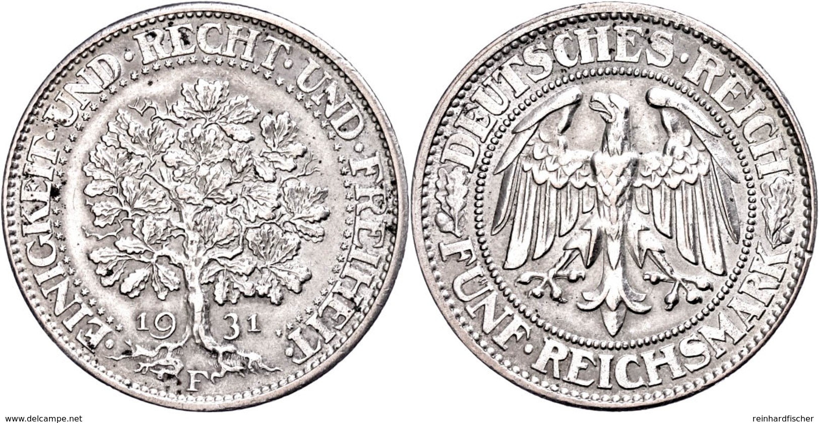 5 Reichsmark, 1931, F, Eichbaum, Kl. Rf., Ss., Katalog: J. 331 Ss - Other & Unclassified