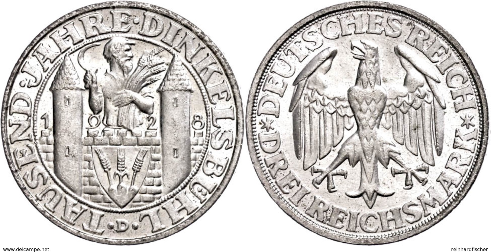 3 Reichsmark, 1928, Dinkelsbühl, Kl. Rf., Vz-st., Katalog: J. 334 Vz-st - Other & Unclassified