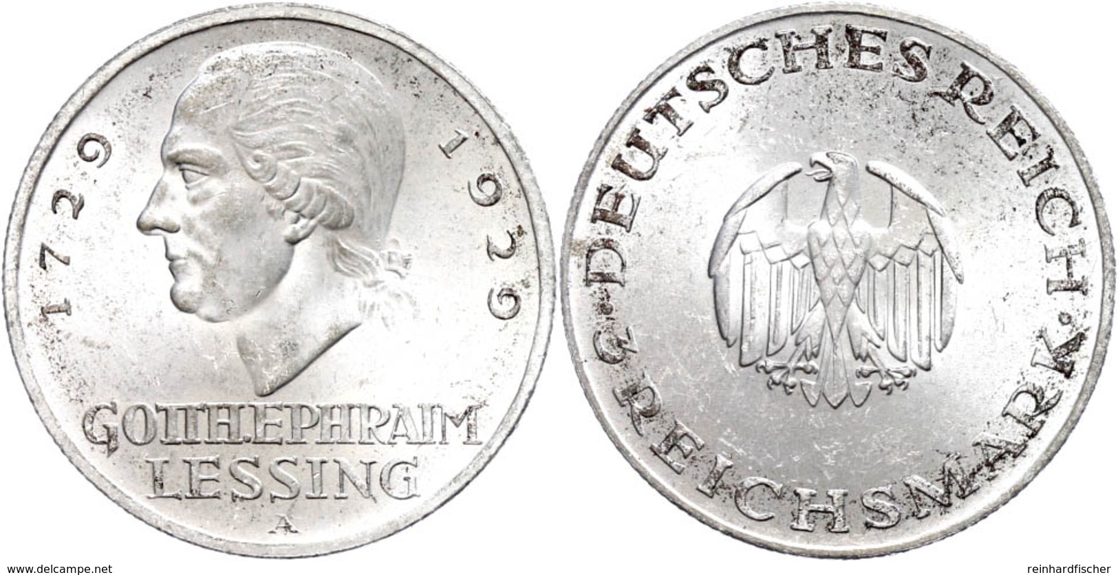 3 Reichsmark, 1929, A, Lessing, Kl. Rf., Vz-st., Katalog: J. 335 Vz-st - Other & Unclassified