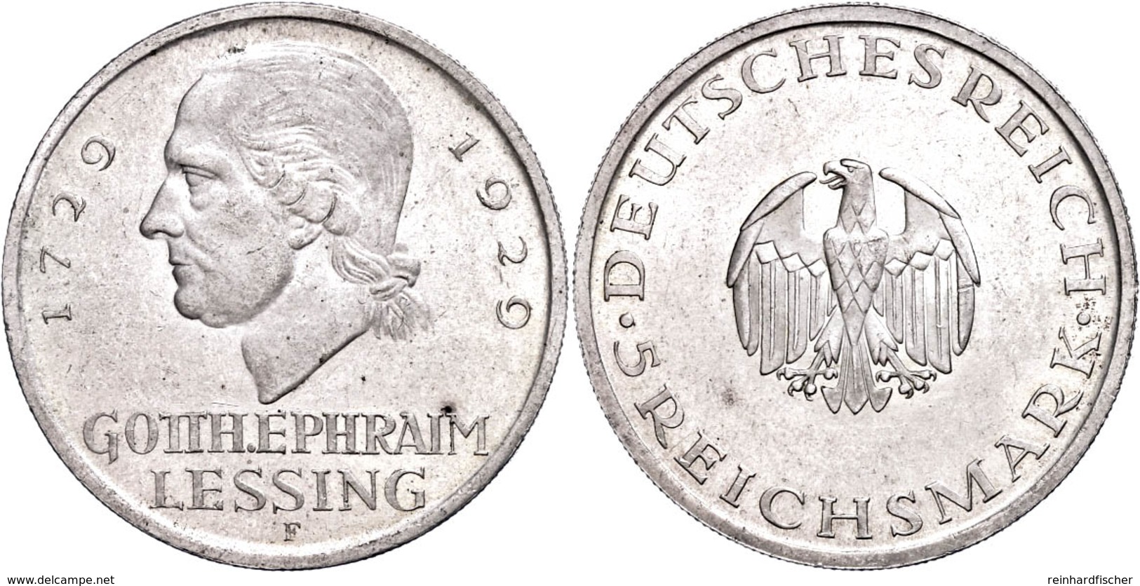5 Reichsmark, 1929, F, Lessing, Vz-st., Katalog: J. 336 Vz-st - Other & Unclassified
