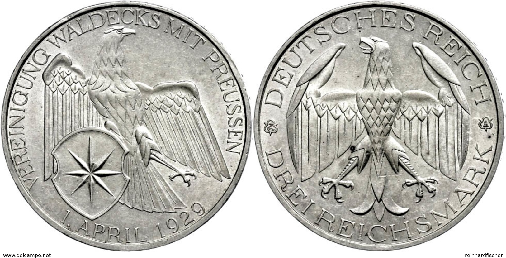 3 Reichsmark, 1929, Waldeck, Kl. Rf, Vz-st, Katalog: J. 337 Vz-st - Other & Unclassified