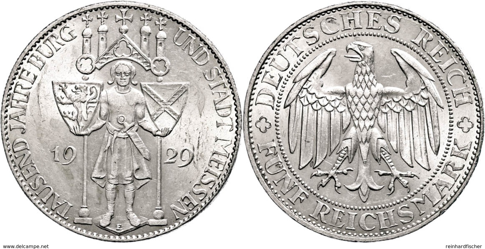 5 Reichsmark, 1929, Meißen, Kl. Rf., Vz., Katalog: J. 339 Vz - Other & Unclassified
