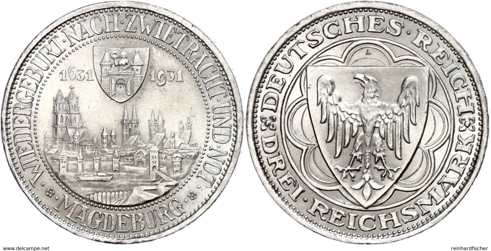 3 Reichsmark, 1931, Magdeburg, Kl. Rf., Vz., Katalog: J. 347 Vz - Other & Unclassified