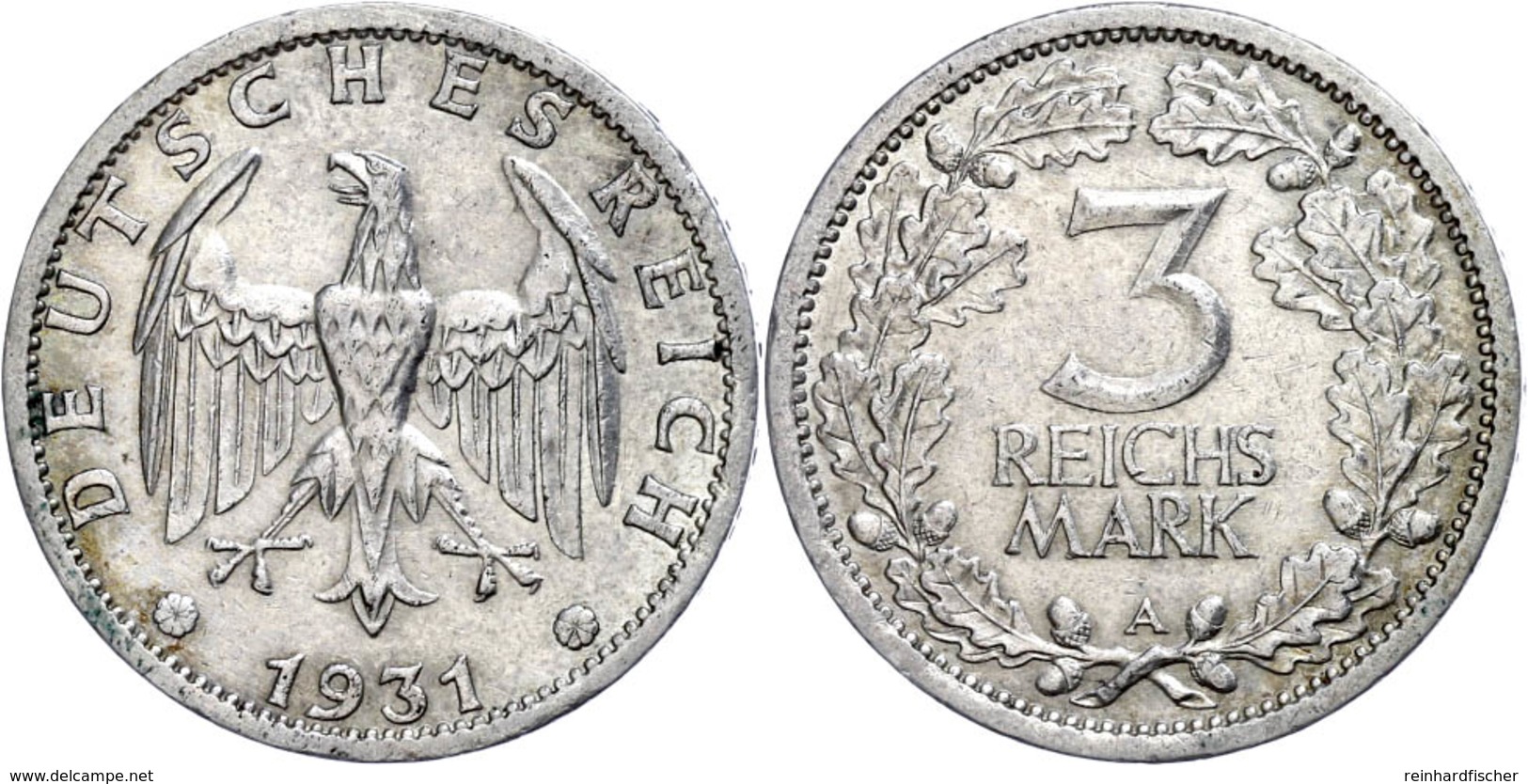 3 Reichsmark, 1931, Mzz A, Ss-vz., Katalog: J. 349 Ss-vz - Other & Unclassified