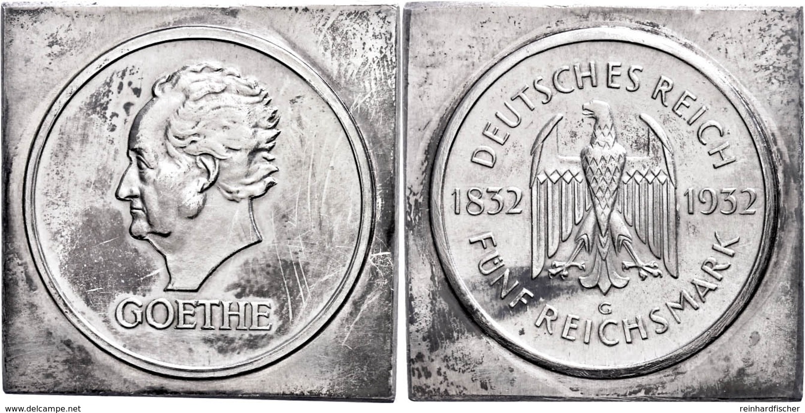 5 Reichsmark, 1932, G, Klippe (ca. 41,90x41,50mm), Goethe, Berieben, Vz. Sehr Selten!, Katalog: J. 351 Vz - Other & Unclassified