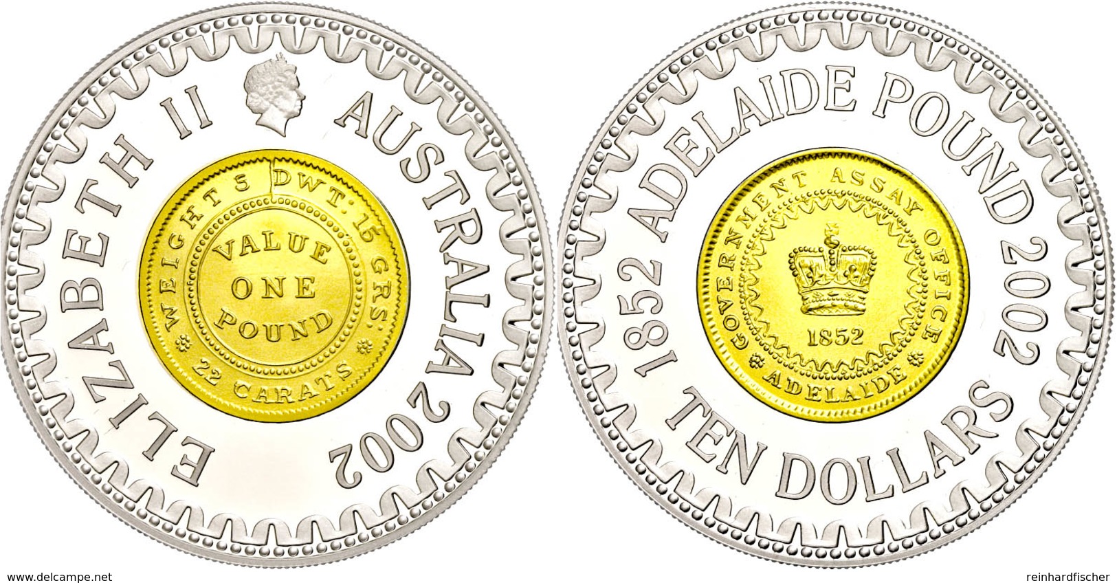 10 Dollars, 2002, Australische Münzgeschichte - Pound 1852, Teilvergoldet, KM 661, Schön 683, Im Etui Mit OVP Und Zertif - Altri & Non Classificati