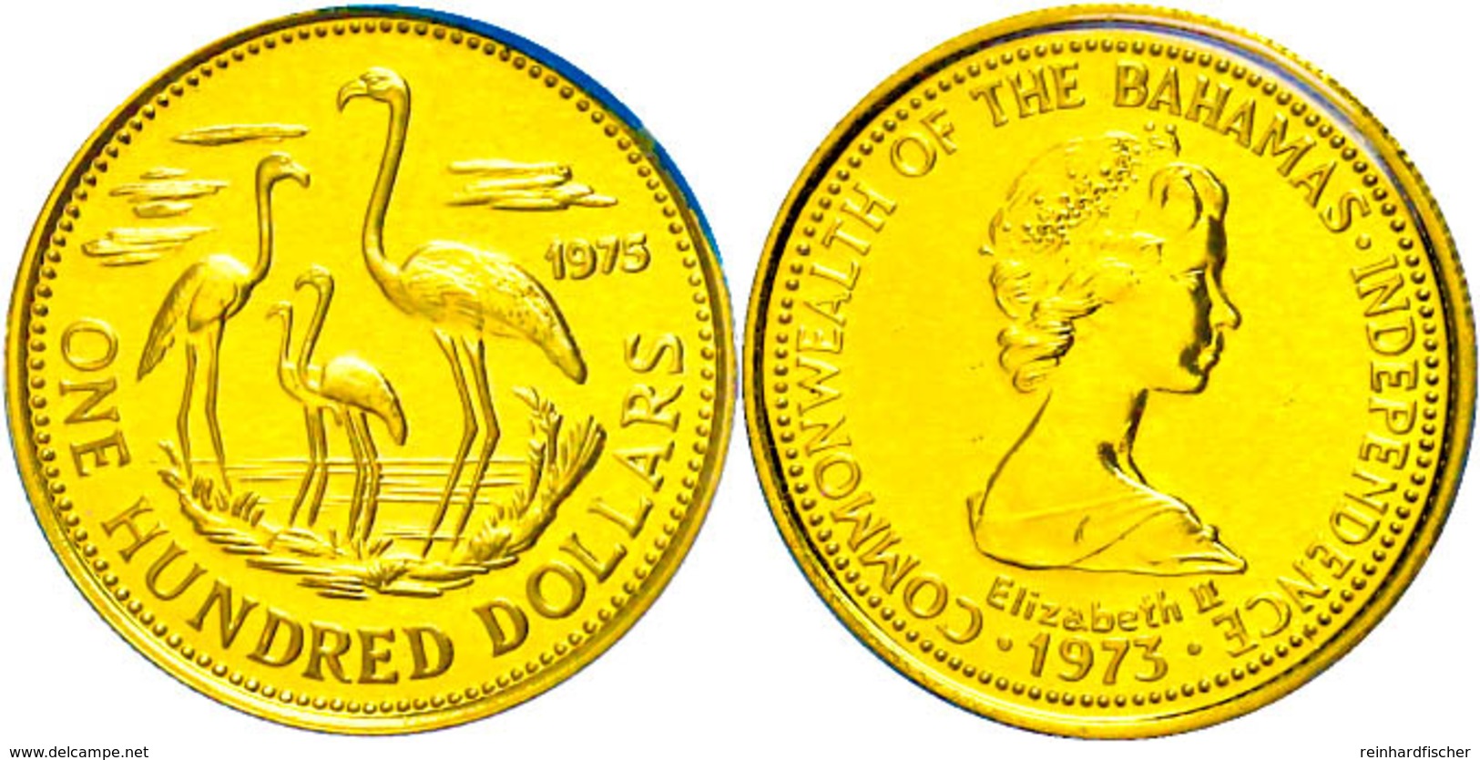 100 Dollars, Gold, 1975, Flamingos, Fb. 20, 4,91g Fein, Im Blister (bestoßen), St.  St - Bahamas