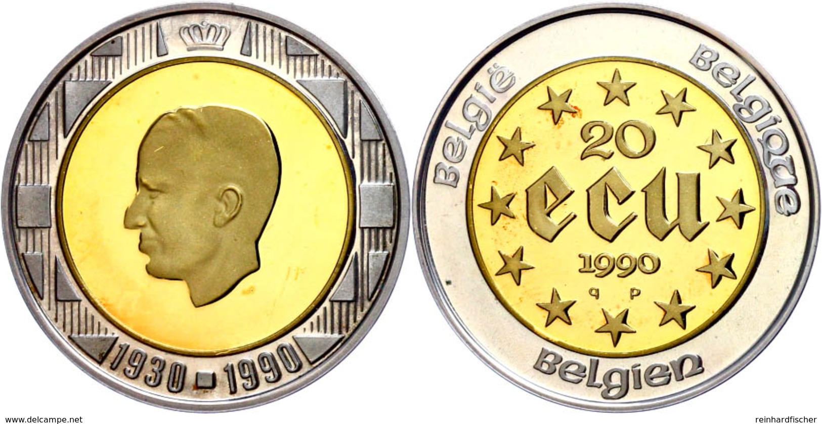 20 ECU, Bimetall, 1990, 60. Geburtstag Von König Baudouin, 833er Silber 3,59 G, 900er Gold 6,91 G, KM 177, Schön 155, Be - Other & Unclassified