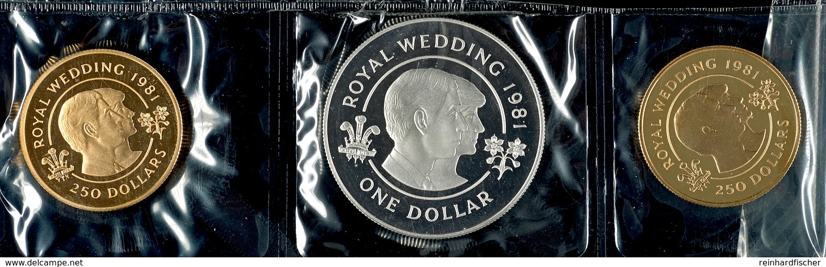 Set Zu 1 Dollar Silber Und 2 X 250 Dollars Gold, 1981, Zur Hochzeit Von Prince Charles Und Lady Diana, Darunter Eine Der - Non Classificati