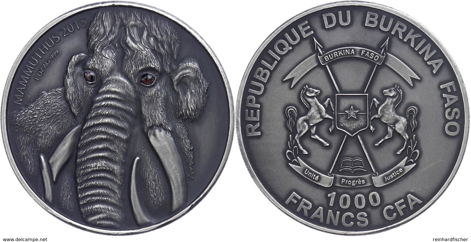 1.000 Francs, 2015,  Mammut Muttertier - Real Eye Effect, 1 Unze Silber, Etui Mit OVP Und Zertifikat. Auflage Nur 500 St - Burkina Faso
