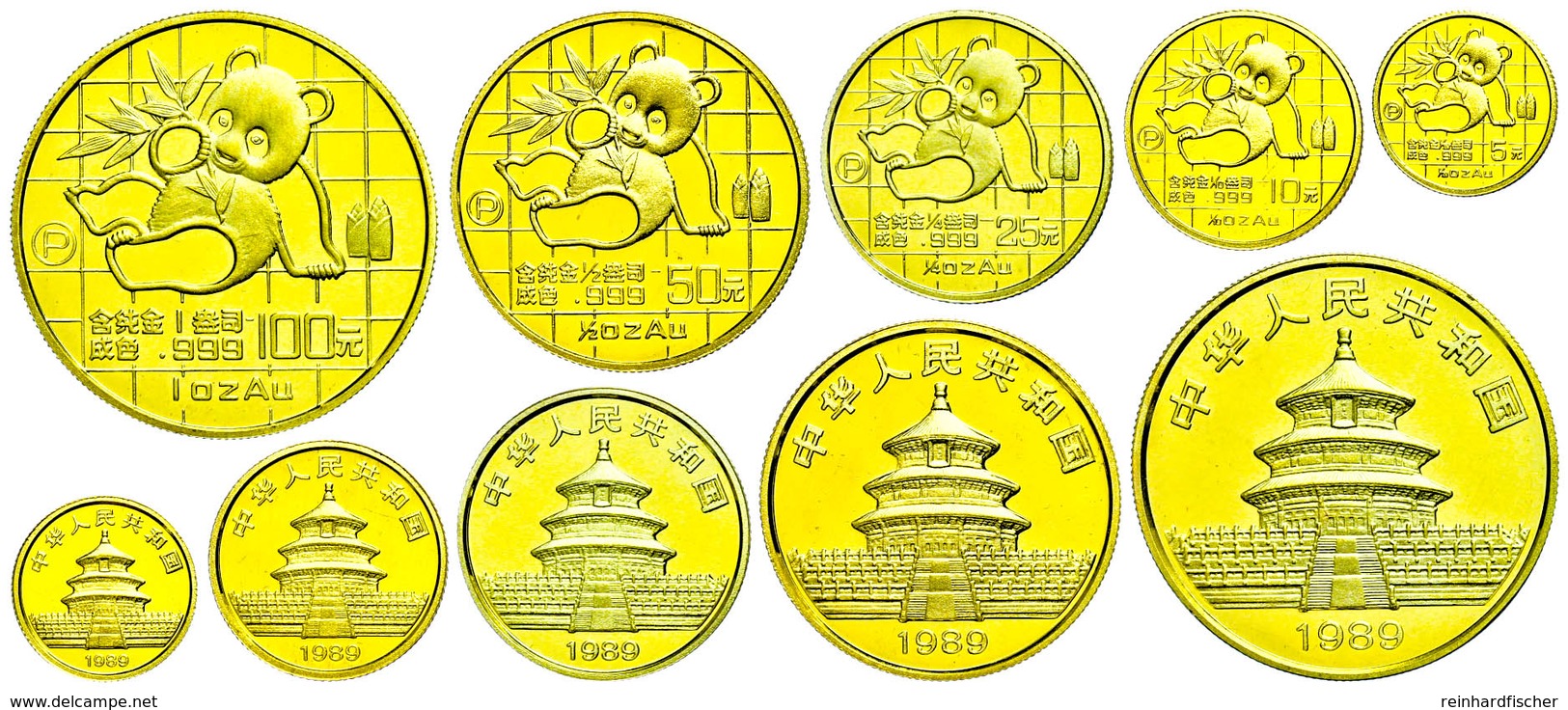 Set Zu 5, 10, 25, 50 Und 100 Yuan, Gold, 1989, Panda, Insgesamt 59,07g Feingold, KM 183, 223, 224, 226 Und 229, Mit Zert - China