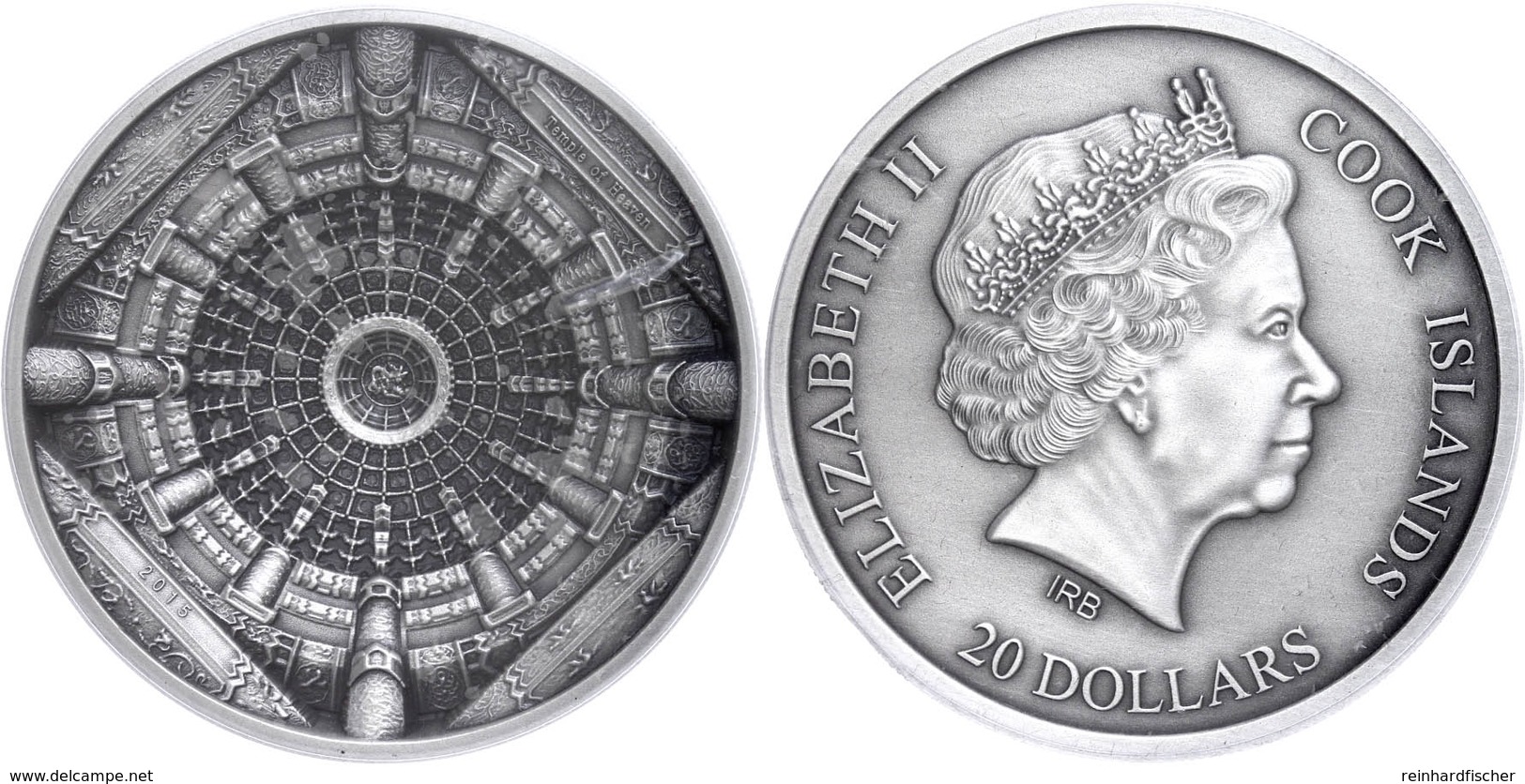 20 Dollars, 2015, Temple Of Heaven - Beijing, 999er Silber, 100g, Antik Finish, Eingeschweißt, Etui Mit OVP Und Zertifik - Cook Islands