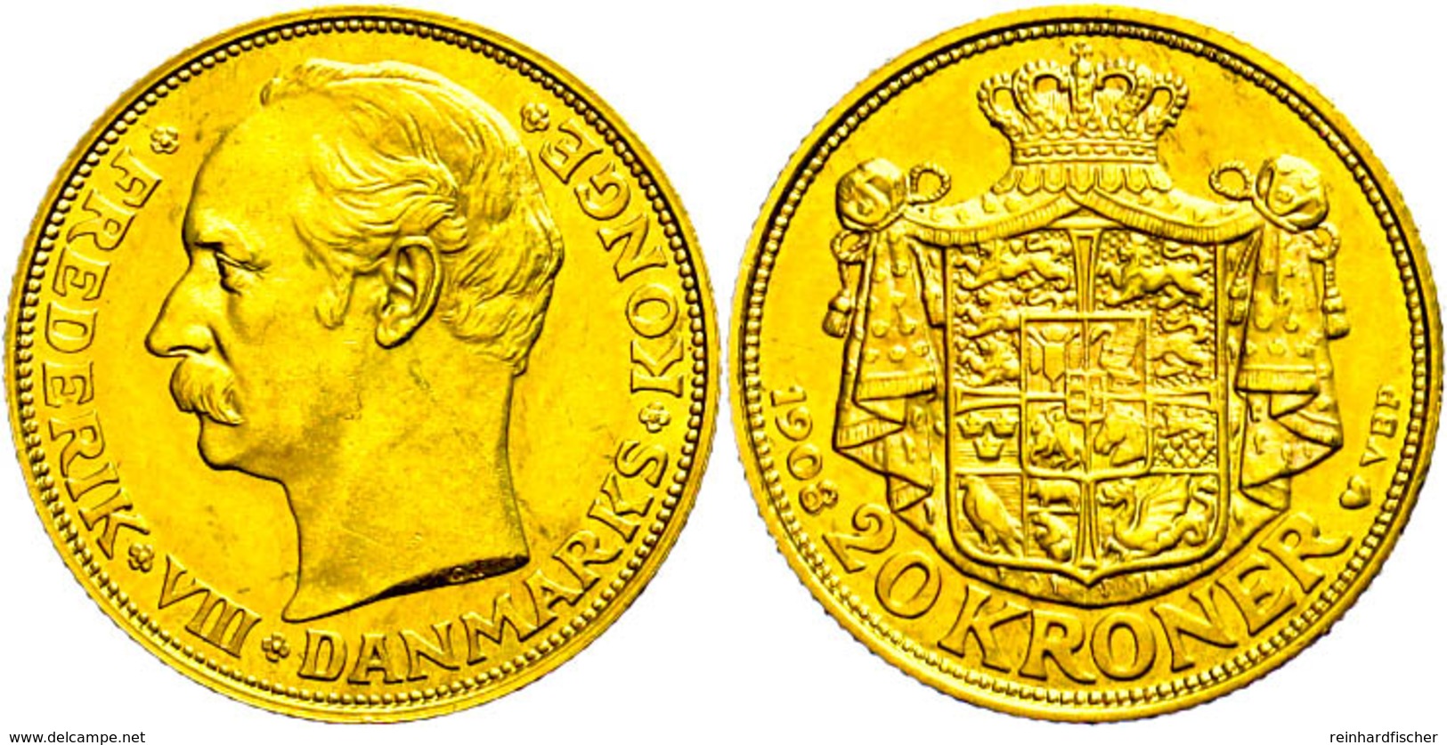 20 Kronen, Gold, 1908, Frederik VIII., Fb. 297, Vz+. - Dänemark