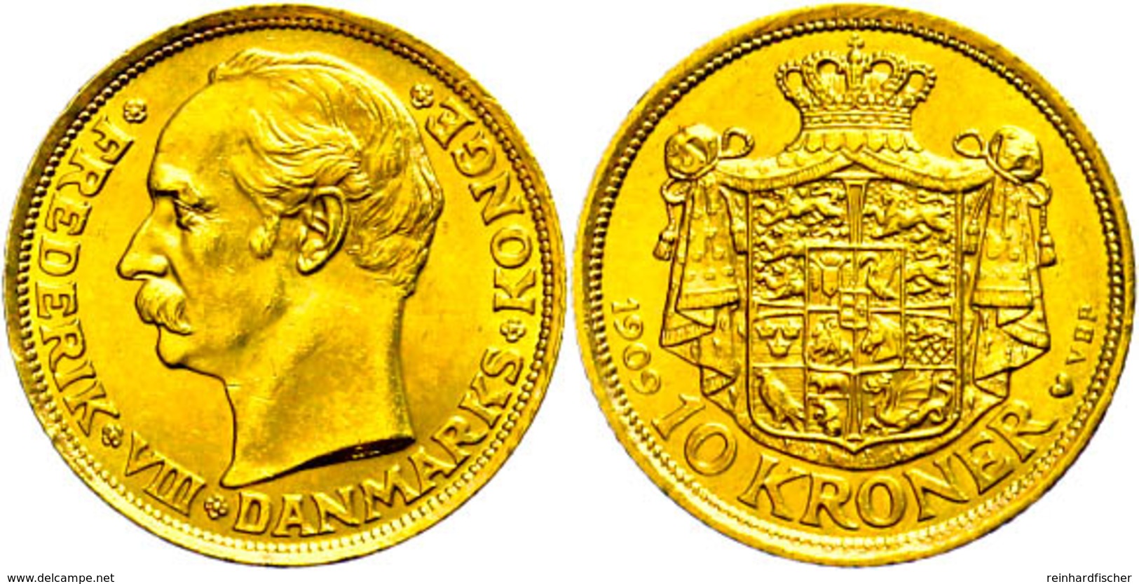 10 Kronen, Gold, 1909, Frederik VIII., Fb. 298, Kl. Rf., Vz+. - Denmark