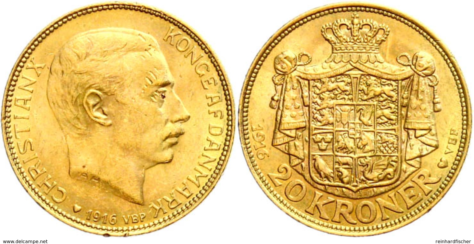 20 Kronen, Gold, 1916, Christian X., Fb. 299, Kl. Rf., Kratzer Auf Dem Avers, Vz.  Vz - Denmark