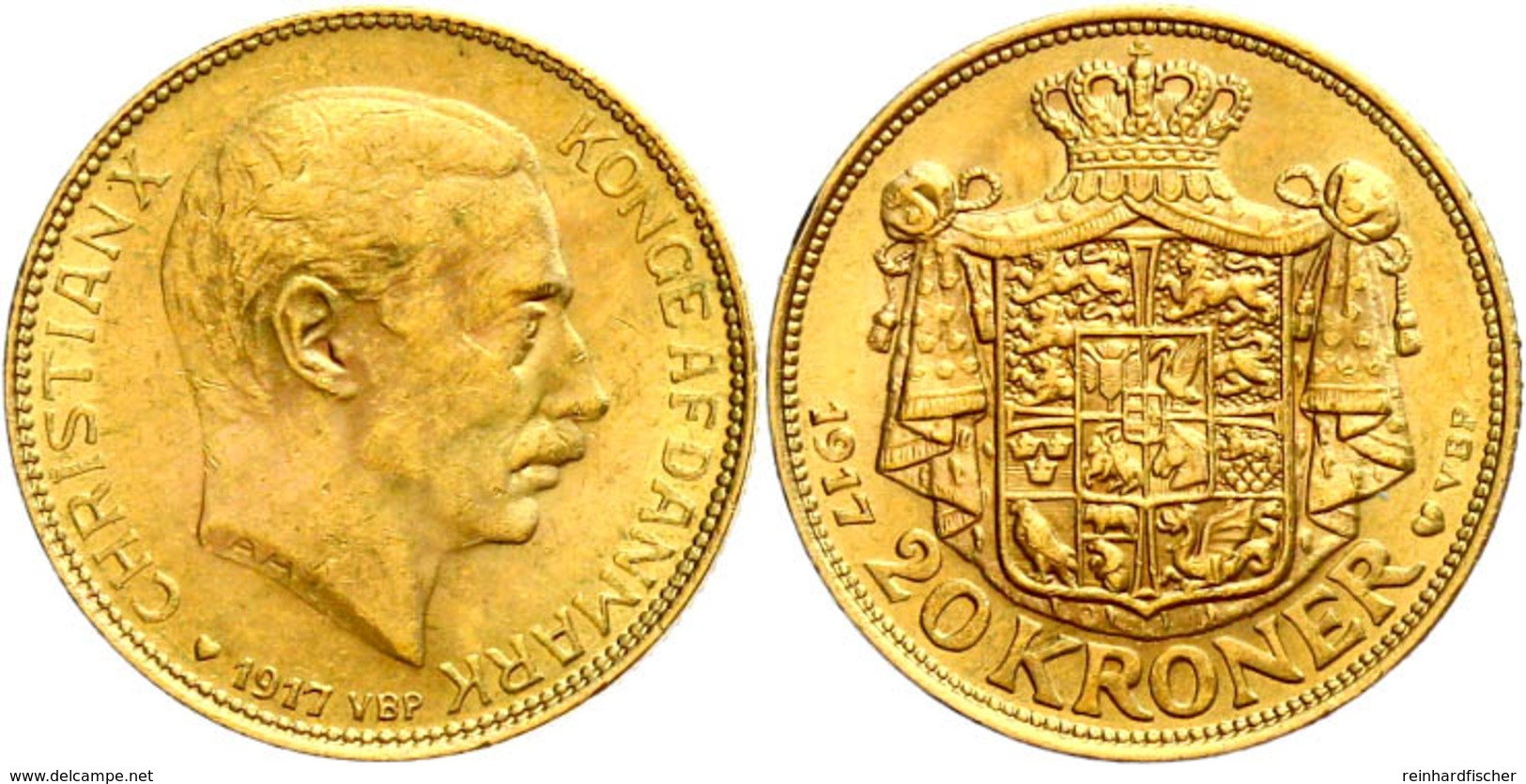 20 Kronen, Gold, 1917, Christian X., Fb. 299, Kl. Rf., Vz. - Denmark