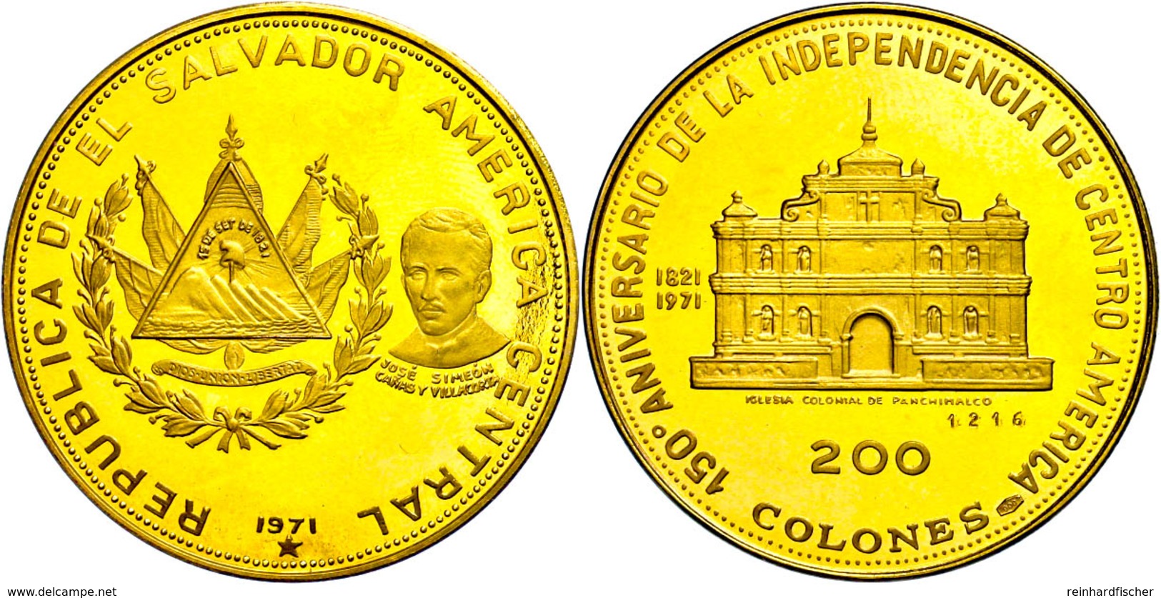 200 Colones, Gold, 1971, 150 Jahre Unabhängigkeit, Panchimalco Kirche, Fb. 6, Eingepunzte Nummer 1216, Fingerabdrücke, P - Altri – America