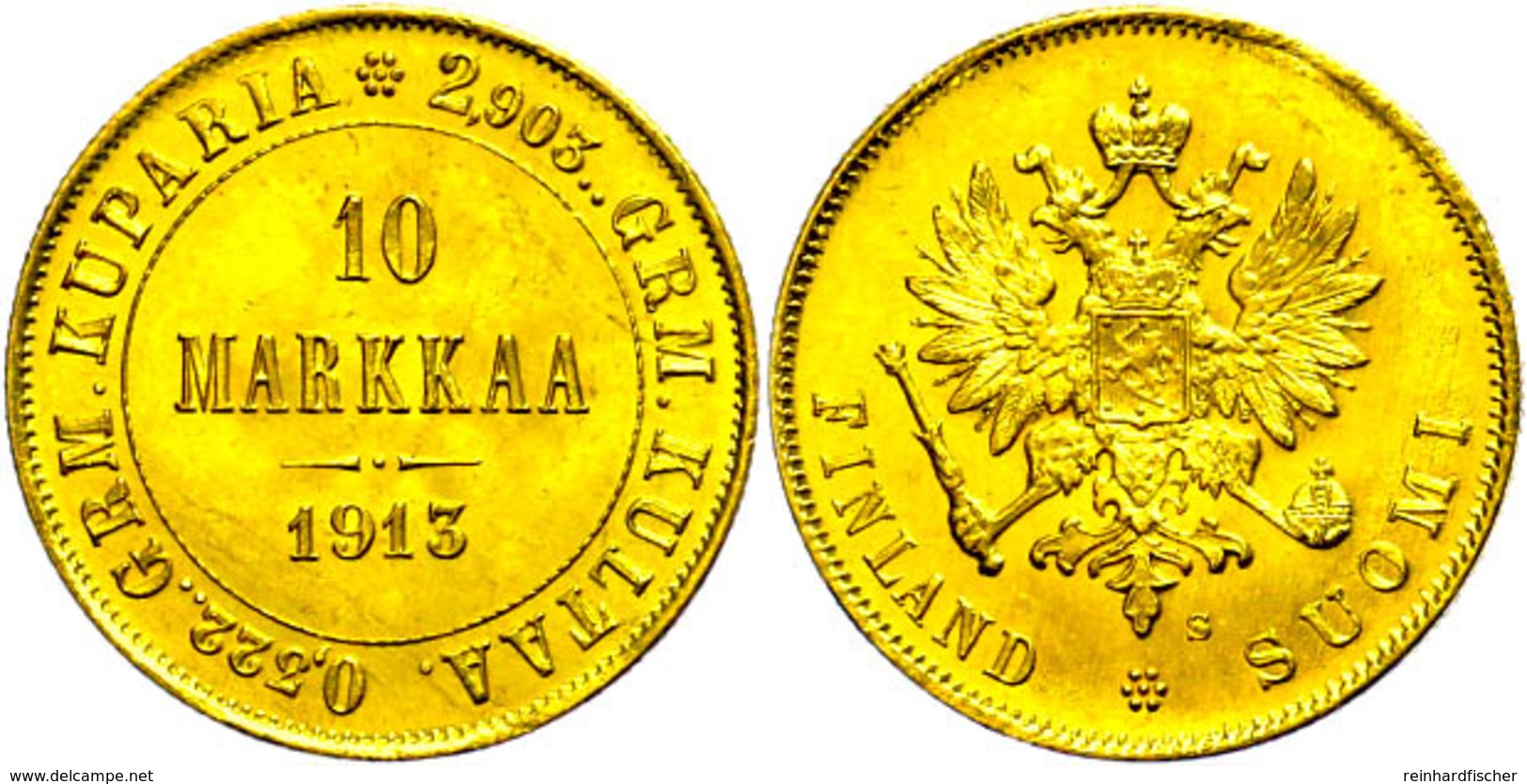 10 Markkaa, Gold, 1913, Nikolaus II., Fb. 6, Kl. Rf., F. St. - Finland