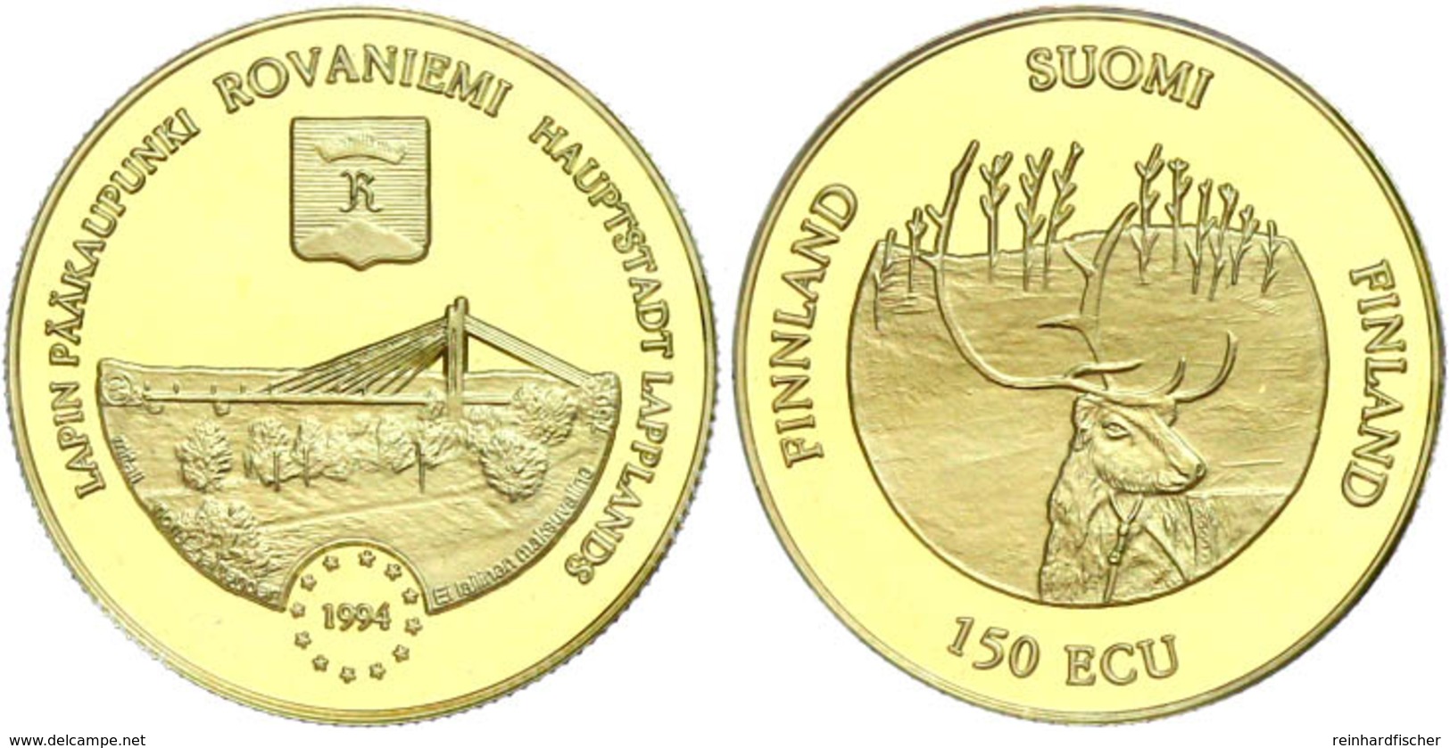 150 ECU, Gold, 1994, Rovaniemi Hauptstadt Lapplands, 6,72 G, 750er Gold, Im Münzrähmchen, PP. Auflage Nur 1000 Exemplare - Finland