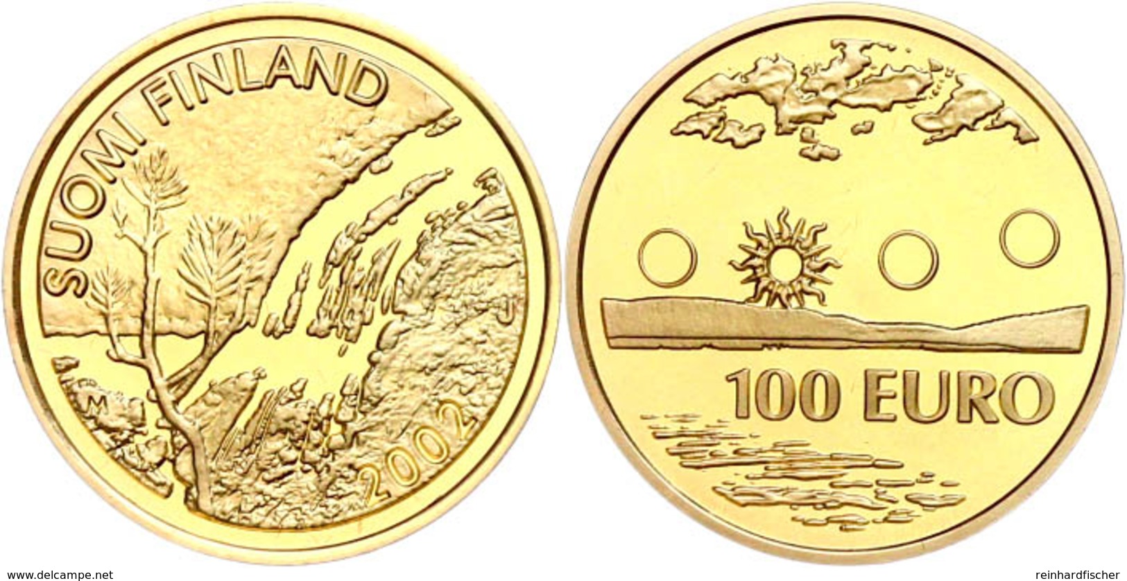 100 Euro, Gold, 2002, Lappland, 7,77 G Fein, Fb. 15, In Kapsel, In Originalausgabeschatulle Der Mint Of Finland, Mit Zer - Finland