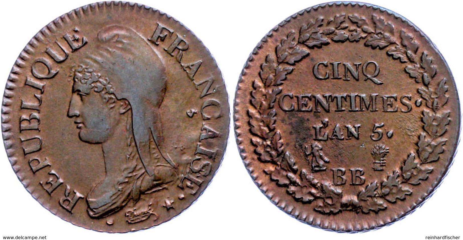 5 Centimes, L'AN 5 (1796/1797), Straßburg, KM 640.4, Ss-vz.  Ss-vz - Other & Unclassified