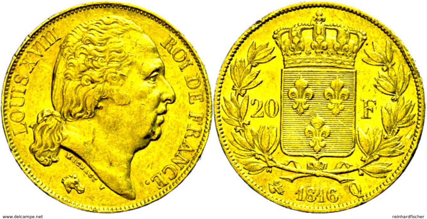 20 Francs, Gold, 1816, Q (Perpignan), Louis XVIII., Fb. 540, Gadoury 1028, Kl. Rf., Ss+. - Other & Unclassified