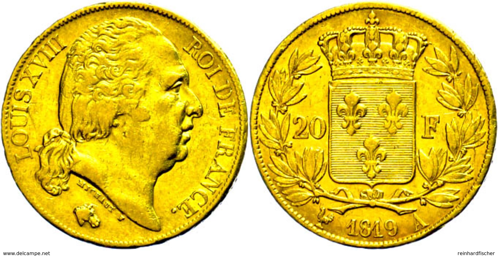 20 Francs, Gold, 1819, Louis XVIII., A (Paris), Fb. 525, Wz. Rf., Ss.  Ss - Other & Unclassified