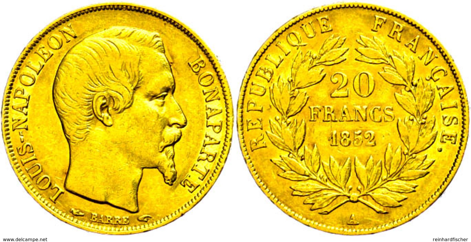 20 Francs, Gold, 1852, Louis Napoleon Bonaparte, Fb. 568, Wz. Rf., Ss.  Ss - Altri & Non Classificati